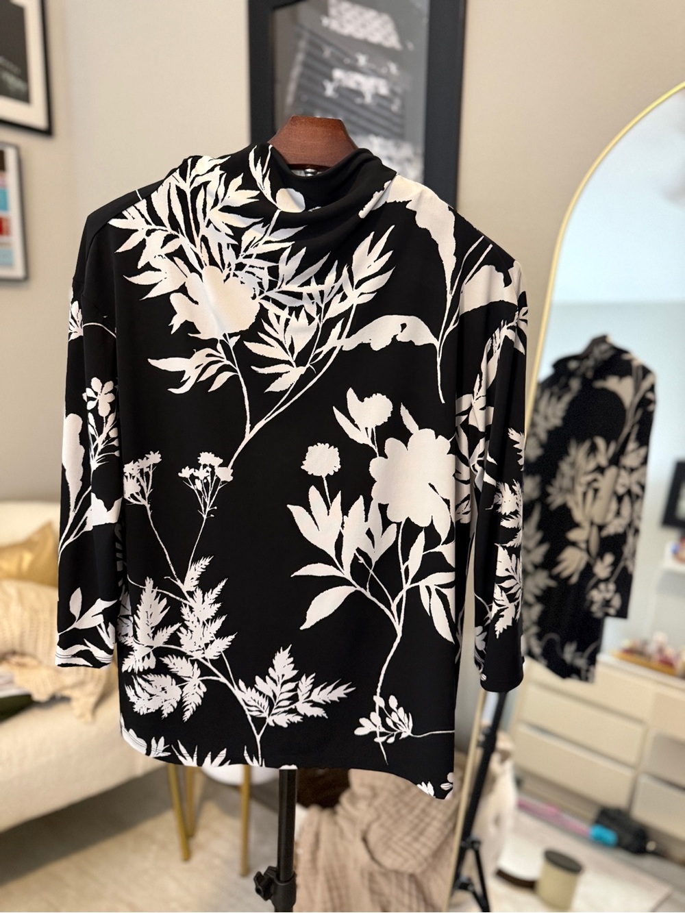 Black & White Floral Mock Neck Top